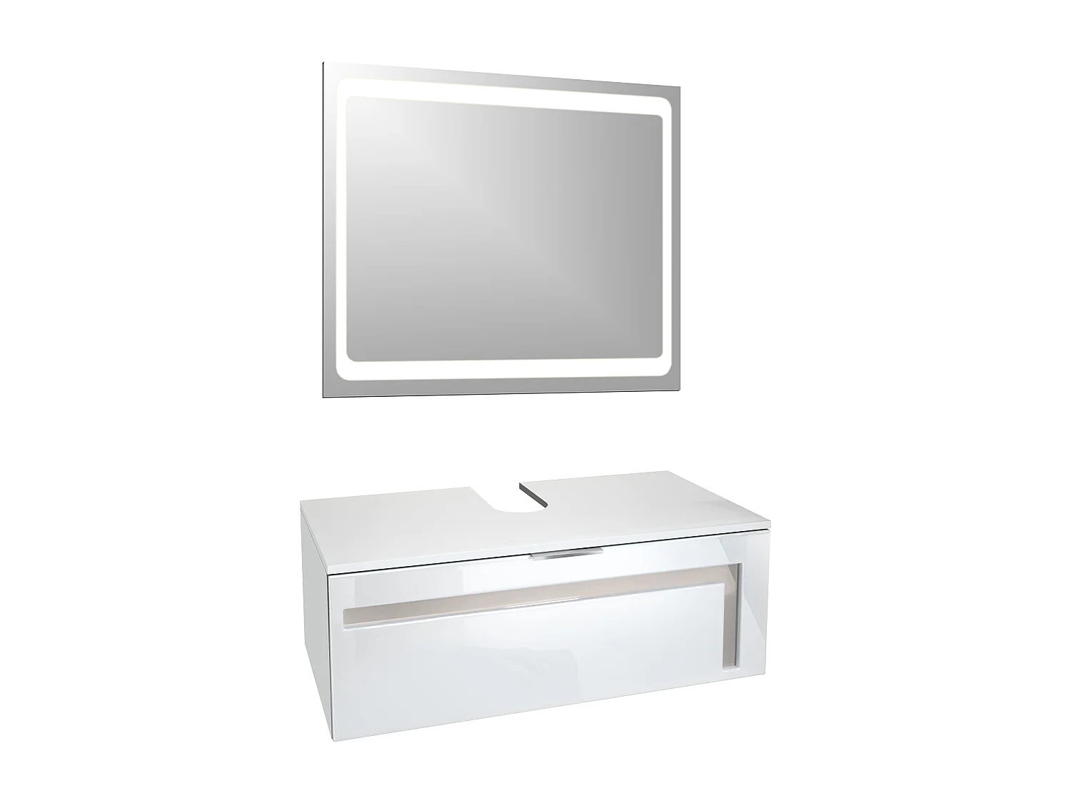 Meuble sous vasque Lavabo Aloha V2, Corps en Blanc mat / Façades en Blanc brillant avec un décor en Gris sable haute brillance, avec Vasque à poser et Miroir LED