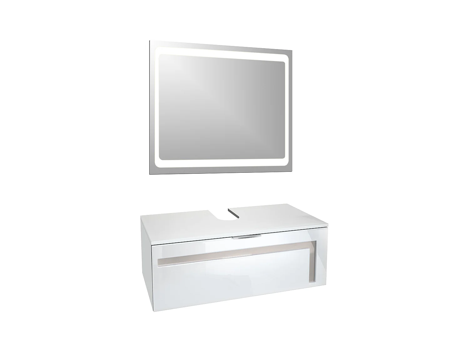 Meuble sous vasque Lavabo Aloha V2, Corps en Blanc mat / Façades en Blanc brillant avec un décor en Gris sable haute brillance, avec Vasque à poser et Miroir LED