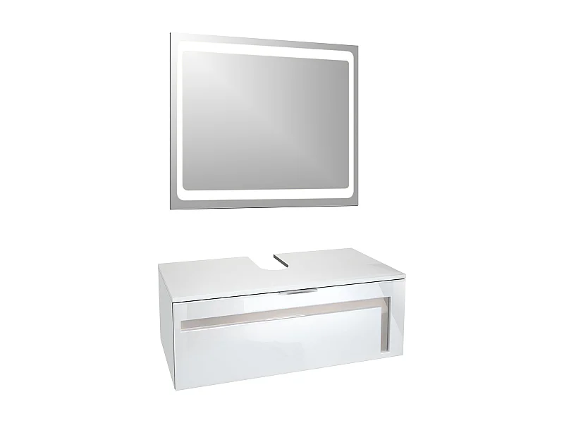 Mueble de baño Aloha V2, Carcasa en blanco mate / Frentes en blanco alto brillo con compensaciones en gris arena alto brillo, con lavabo sobre encimera y espejo LED