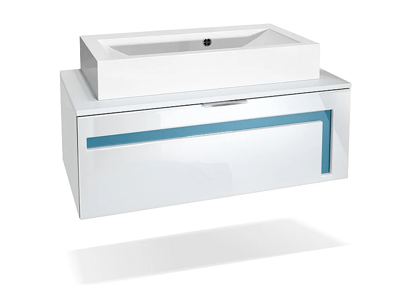 Meuble sous vasque Lavabo Aloha V2, Corps en Blanc mat / Façades en Blanc haute brillance avec un décor en Turquoise haute brillance, avec Vasque à poser