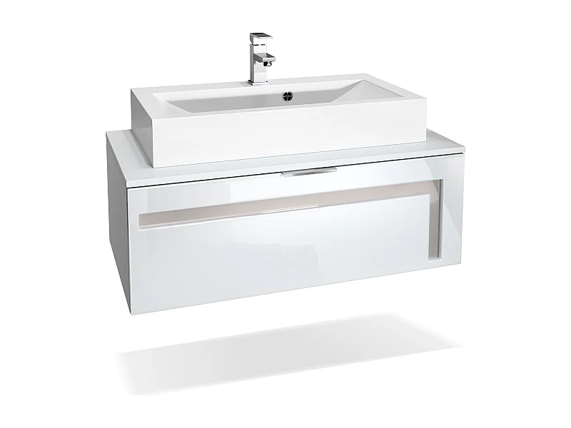 Mobile da bagno Aloha V2, struttura in bianco opaco / frontali in bianco lucido e sfalsati in grigio lucido con lavabo e rubinetto (M1)