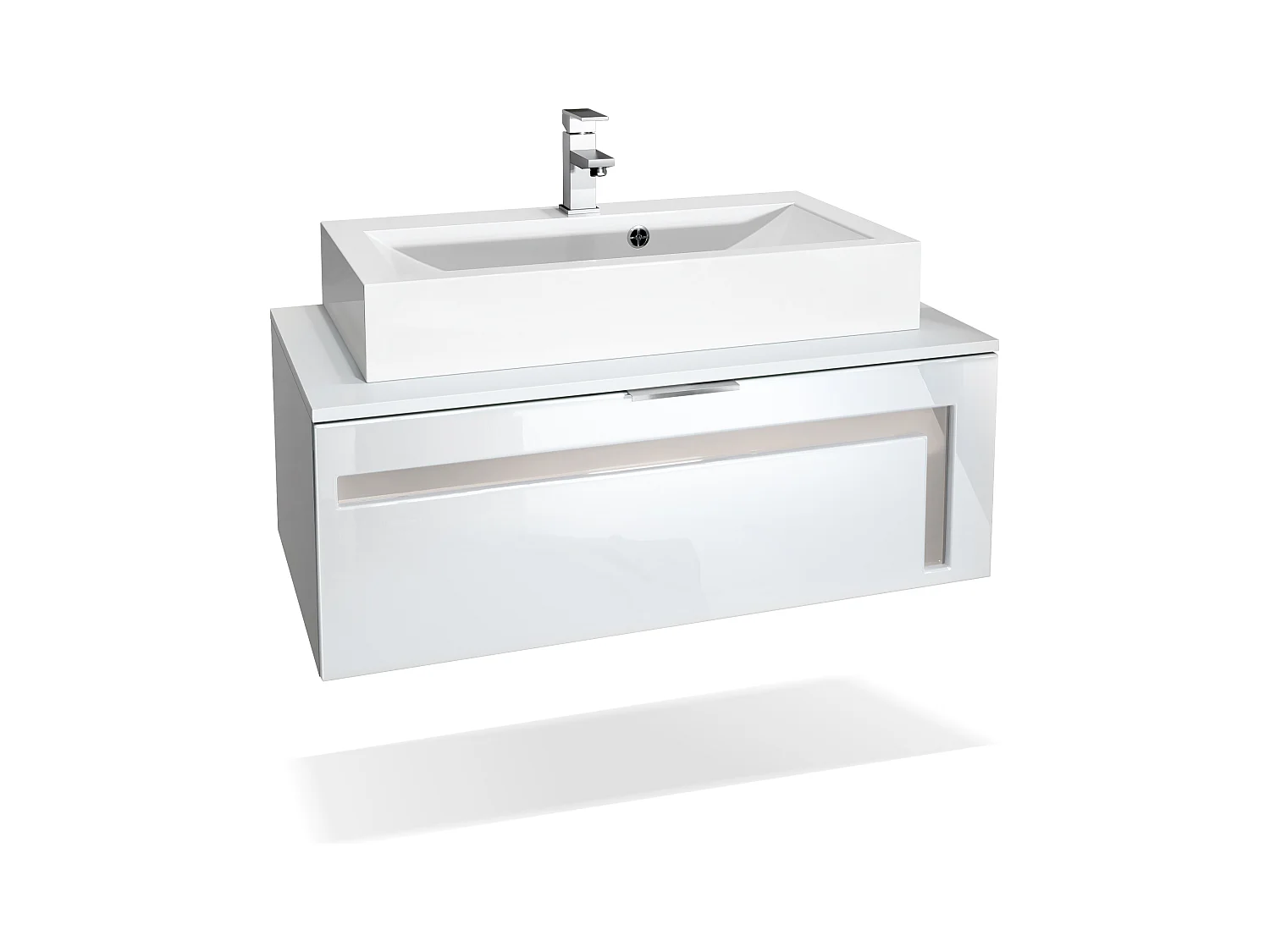 Meuble sous vasque Lavabo Aloha V2, Corps en Blanc mat / Façades en Blanc brillant avec un décor en Gris sable haute brillance, avec Vasque à poser et Robinet (M1)