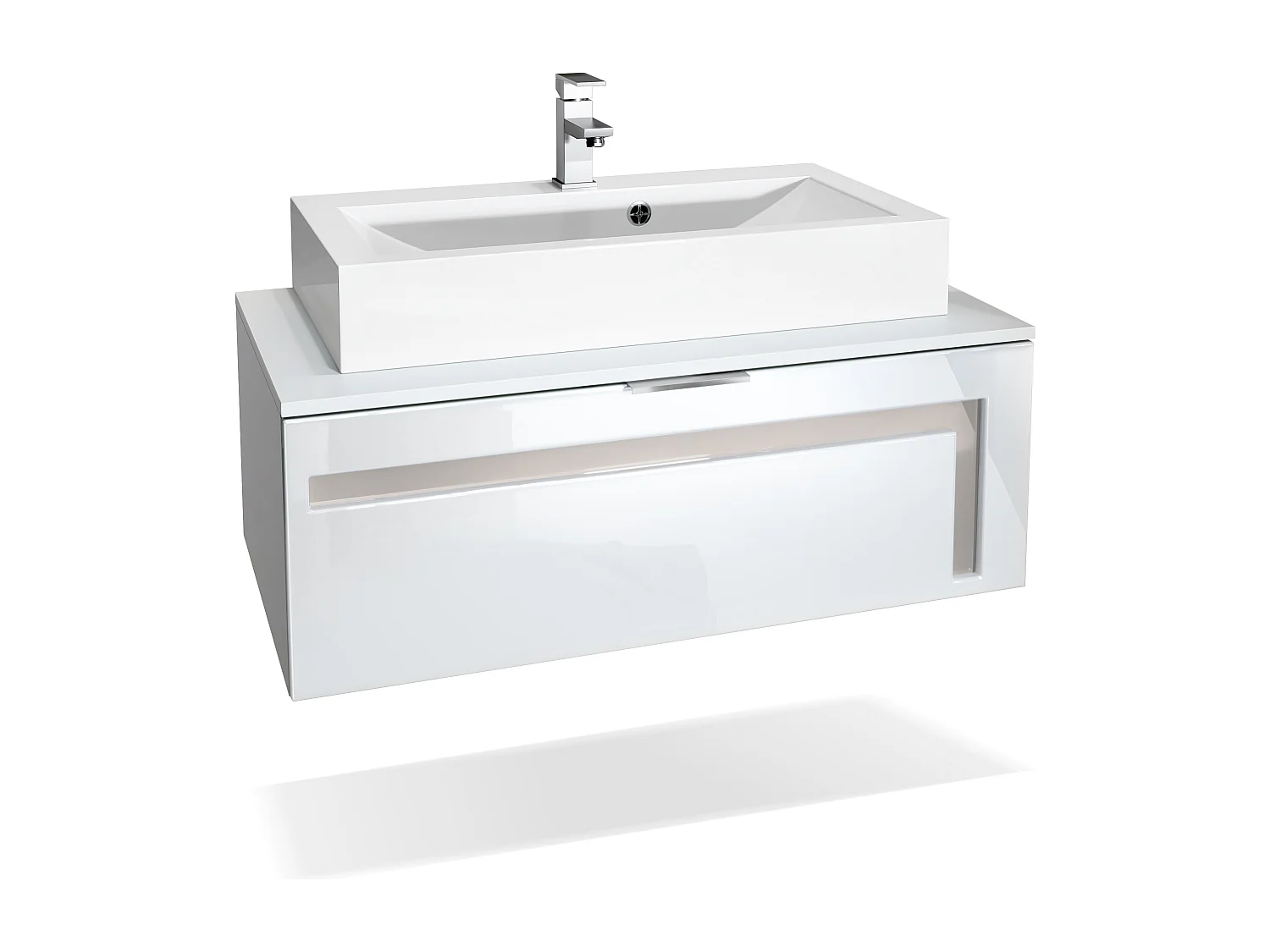 Mobile da bagno Aloha V2, struttura in bianco opaco / frontali in bianco lucido e sfalsati in grigio lucido con lavabo e rubinetto (M1)