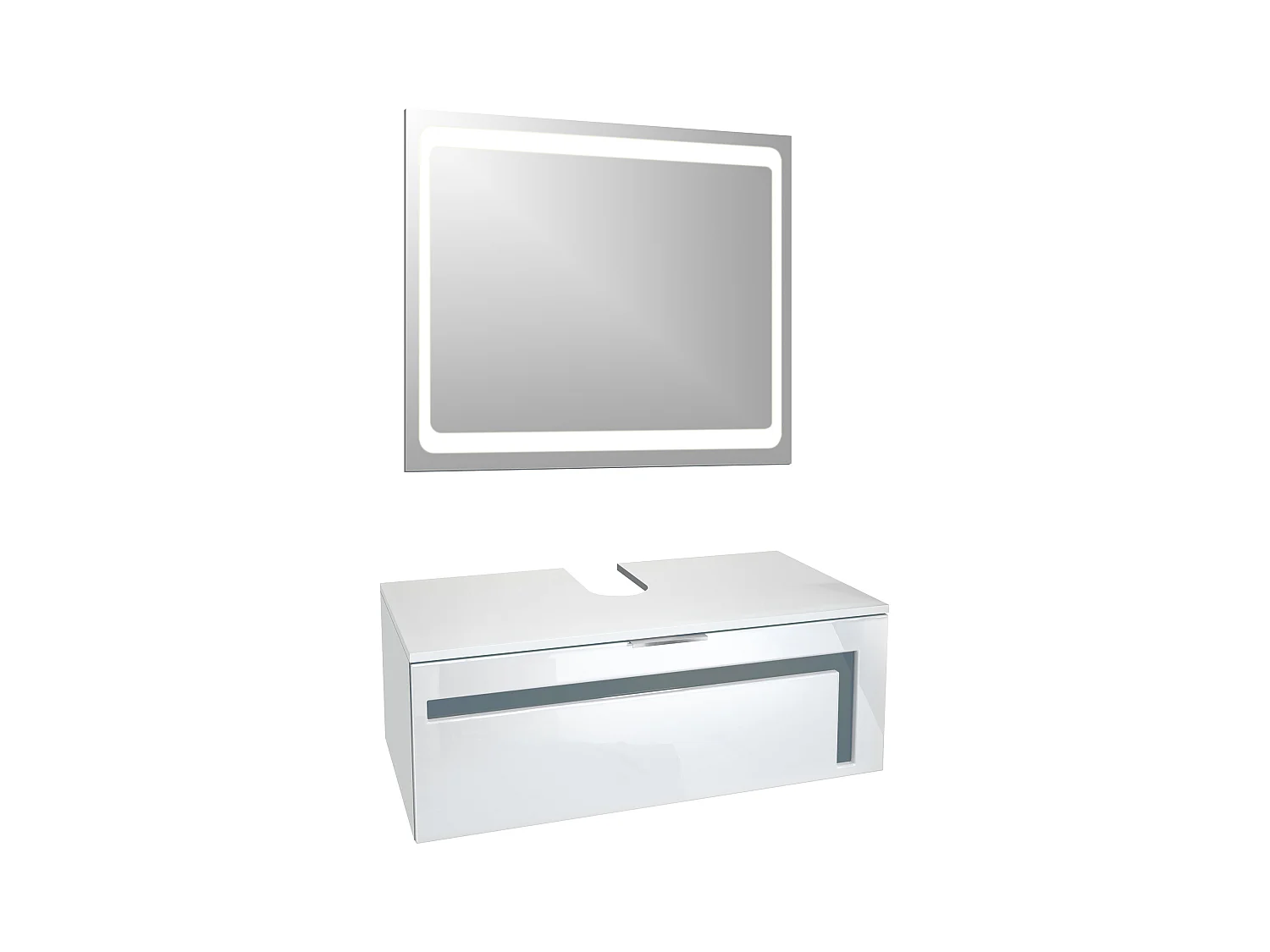 Meuble sous vasque Lavabo Aloha V2, Corps en Blanc mat / Façades en Blanc haute brillance avec un décor en Gris haute brillance, avec Vasque à poser et Miroir LED