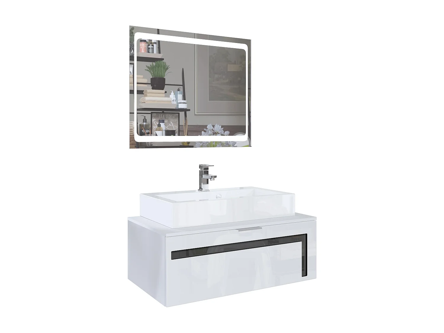 Meuble sous vasque Lavabo Aloha V2, Corps en Blanc mat / Façades en Blanc brillant avec un décor en Noir brillant, avec Vasque à poser, Robinet (M1) et Miroir LED