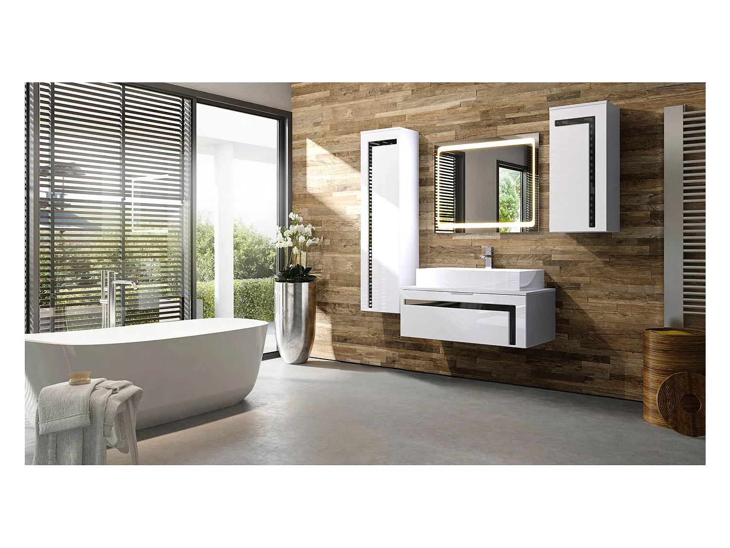 Meuble sous vasque Lavabo Aloha V2, Corps en Blanc mat / Façades en Blanc brillant avec un décor en Noir brillant, avec Vasque à poser, Robinet (M1) et Miroir LED