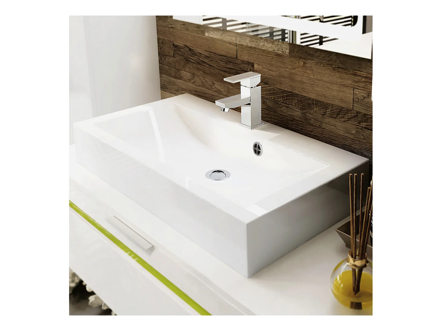 Meuble sous vasque Lavabo Aloha V2, Corps en Blanc mat / Façades en Blanc brillant avec un décor en Noir brillant, avec Vasque à poser, Robinet (M1) et Miroir LED