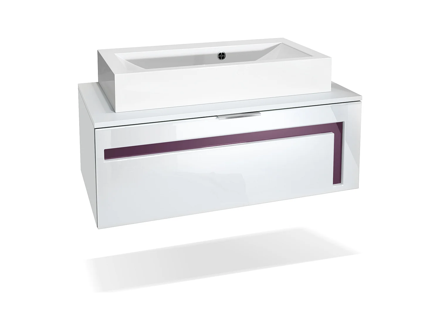 Meuble sous vasque Lavabo Aloha V2, Corps en Blanc mat / Façades en Blanc haute brillance avec un décor en Mûre haute brillance, avec Vasque à poser