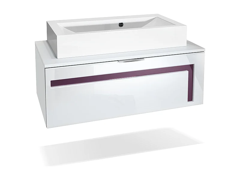Mobile da bagno Aloha V2, struttura in bianco opaco / frontali in bianco lucido con sfalsature in violetto-porpora, con lavabo d'appoggio