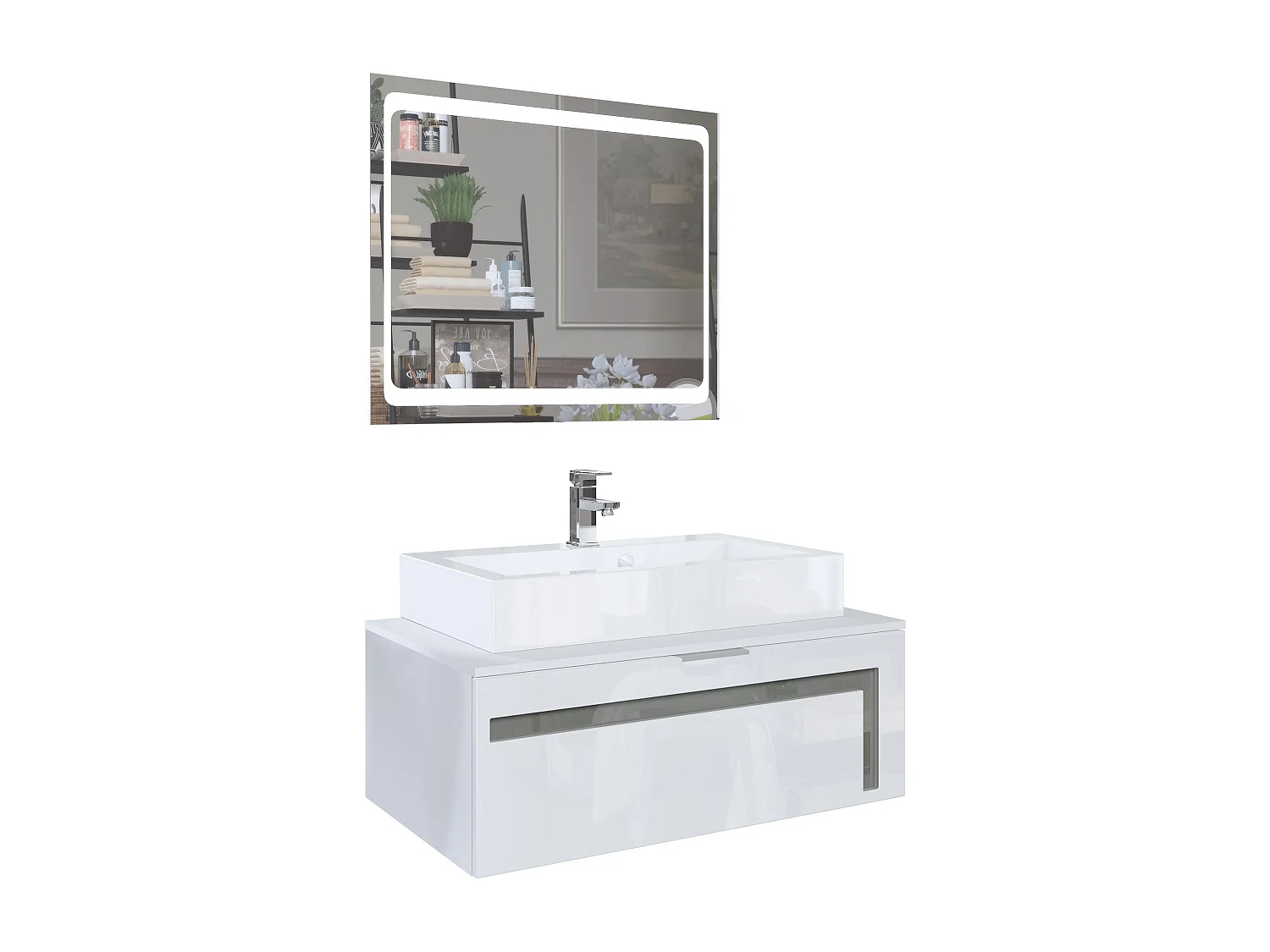 Meuble sous vasque Lavabo Aloha V2, Corps en Blanc mat / Façades en Blanc brillant avec un décor en Gris brillant, avec Vasque à poser, Robinet (M1) et Miroir LED