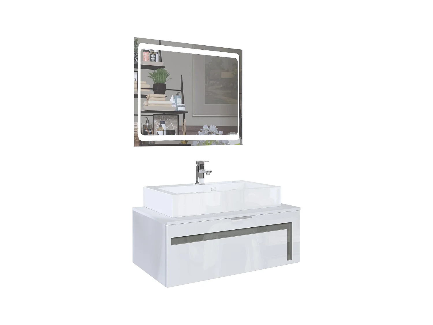 Meuble sous vasque Lavabo Aloha V2, Corps en Blanc mat / Façades en Blanc brillant avec un décor en Gris brillant, avec Vasque à poser, Robinet (M1) et Miroir LED