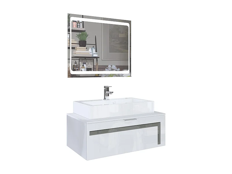 Mobile da bagno Aloha V2, struttura in bianco opaco / frontali in bianco lucido e sfalsati in grigio lucido con lavabo, rubinetto (M1) e specchio LED