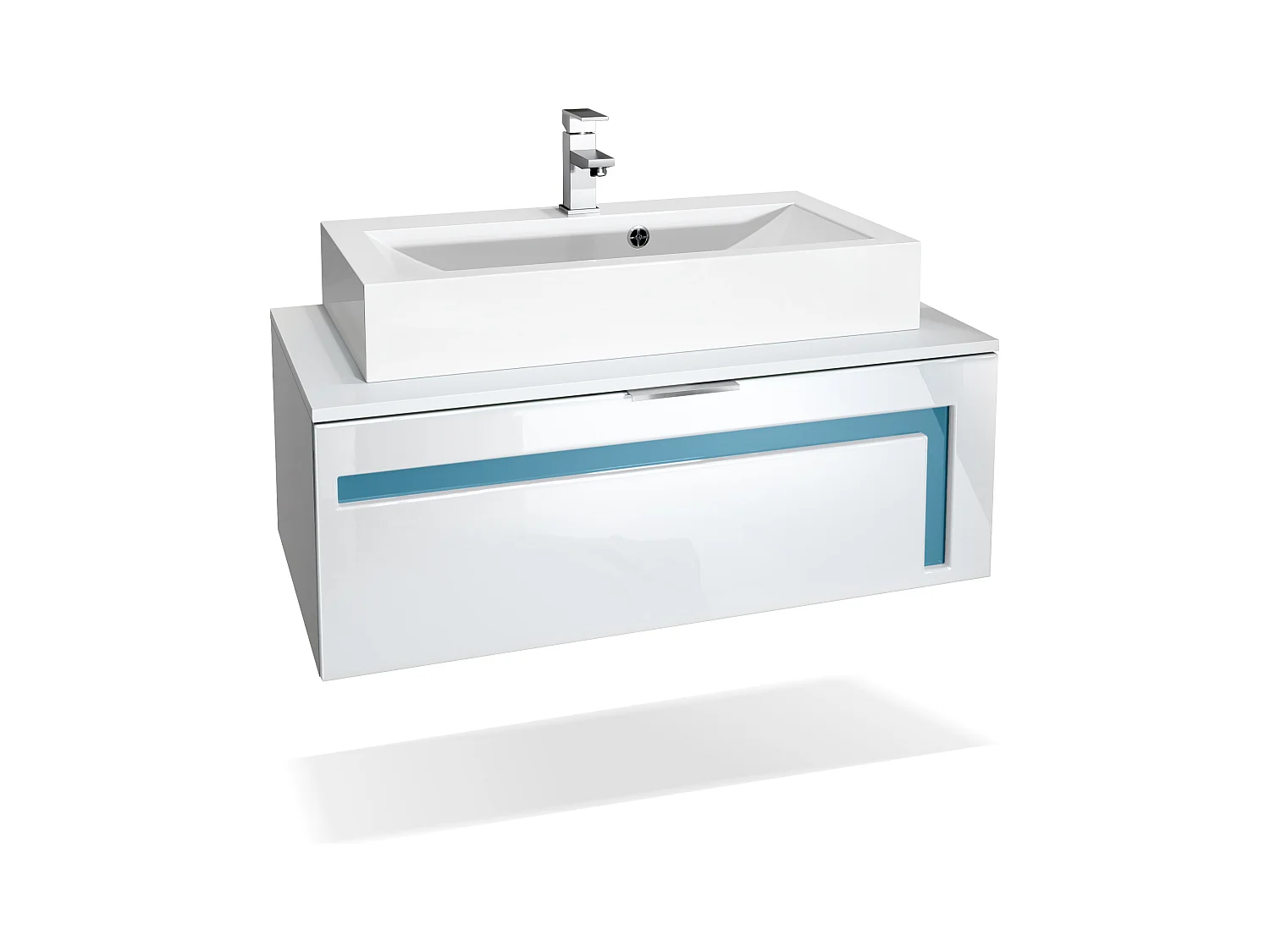 Meuble sous vasque Lavabo Aloha V2, Corps en Blanc mat / Façades en Blanc brillant avec un décor en Turquoise haute brillance, avec Vasque à poser et Robinet (M1)