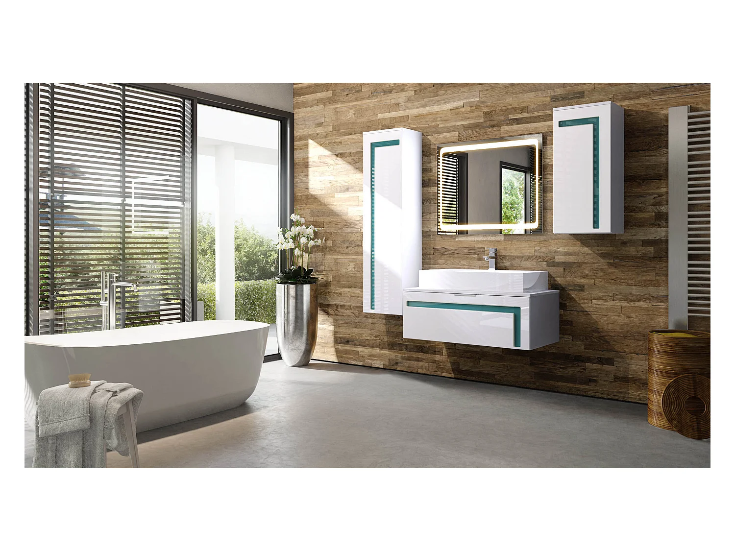 Meuble sous vasque Lavabo Aloha V2, Corps en Blanc mat / Façades en Blanc brillant avec un décor en Turquoise haute brillance, avec Vasque à poser et Robinet (M1)