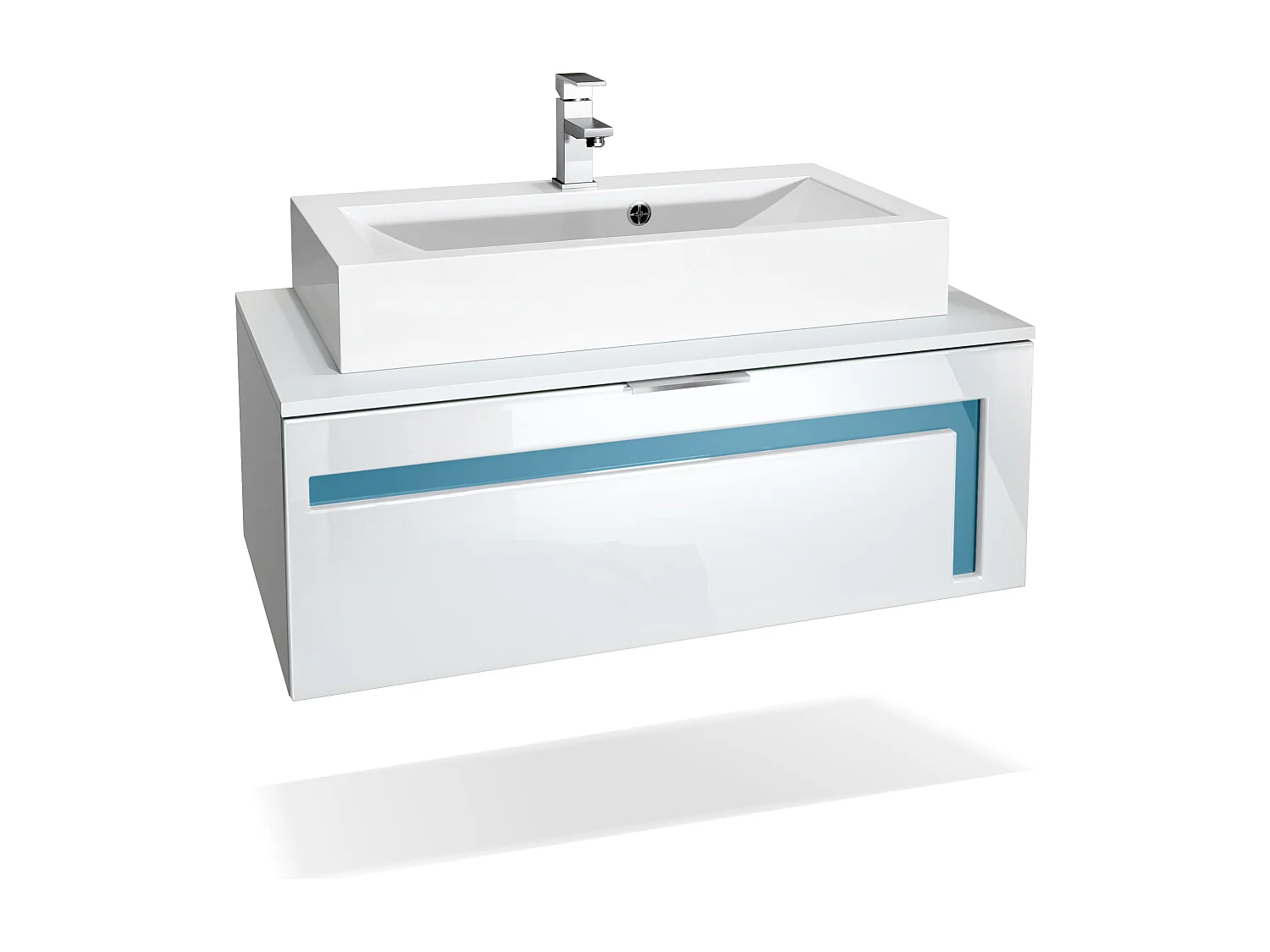 Mobile da bagno Aloha V2, struttura in bianco opaco / frontali in bianco lucido e sfalsati in petrolio lucido con lavabo e rubinetto (M1)