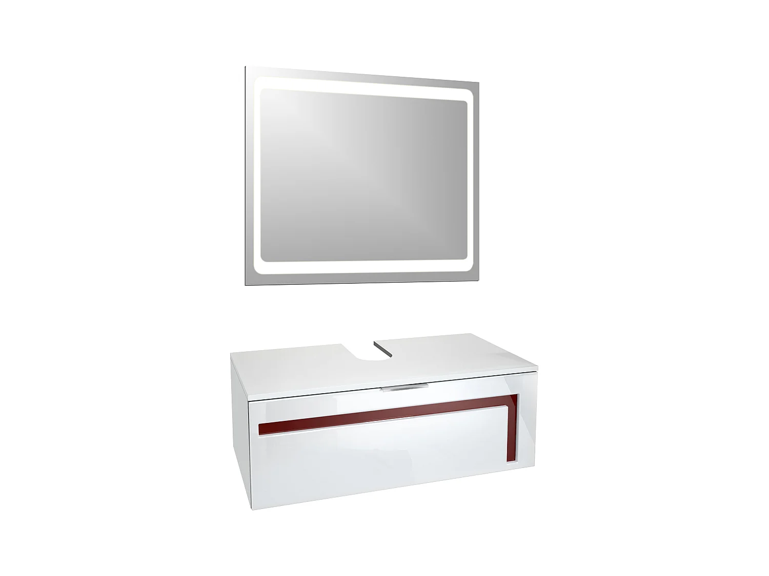 Meuble sous vasque Lavabo Aloha V2, Corps en Blanc mat / Façades en Blanc haute brillance avec un décor en Bordeaux haute brillance, avec Vasque à poser