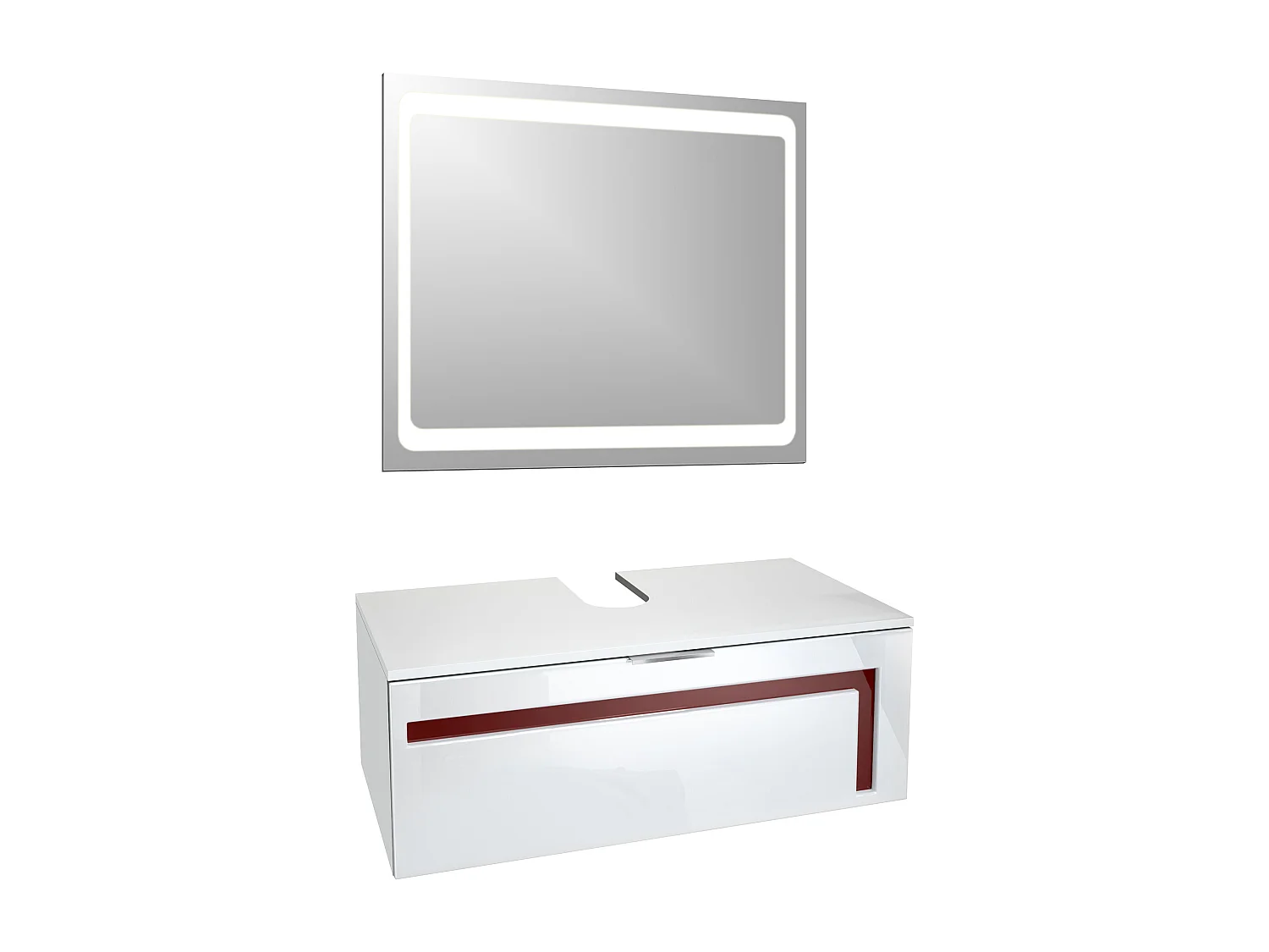 Mobile da bagno Aloha V2, struttura in bianco opaco / frontali in bianco lucido con sfalsature in bordeaux lucido, con lavabo e specchio a LED