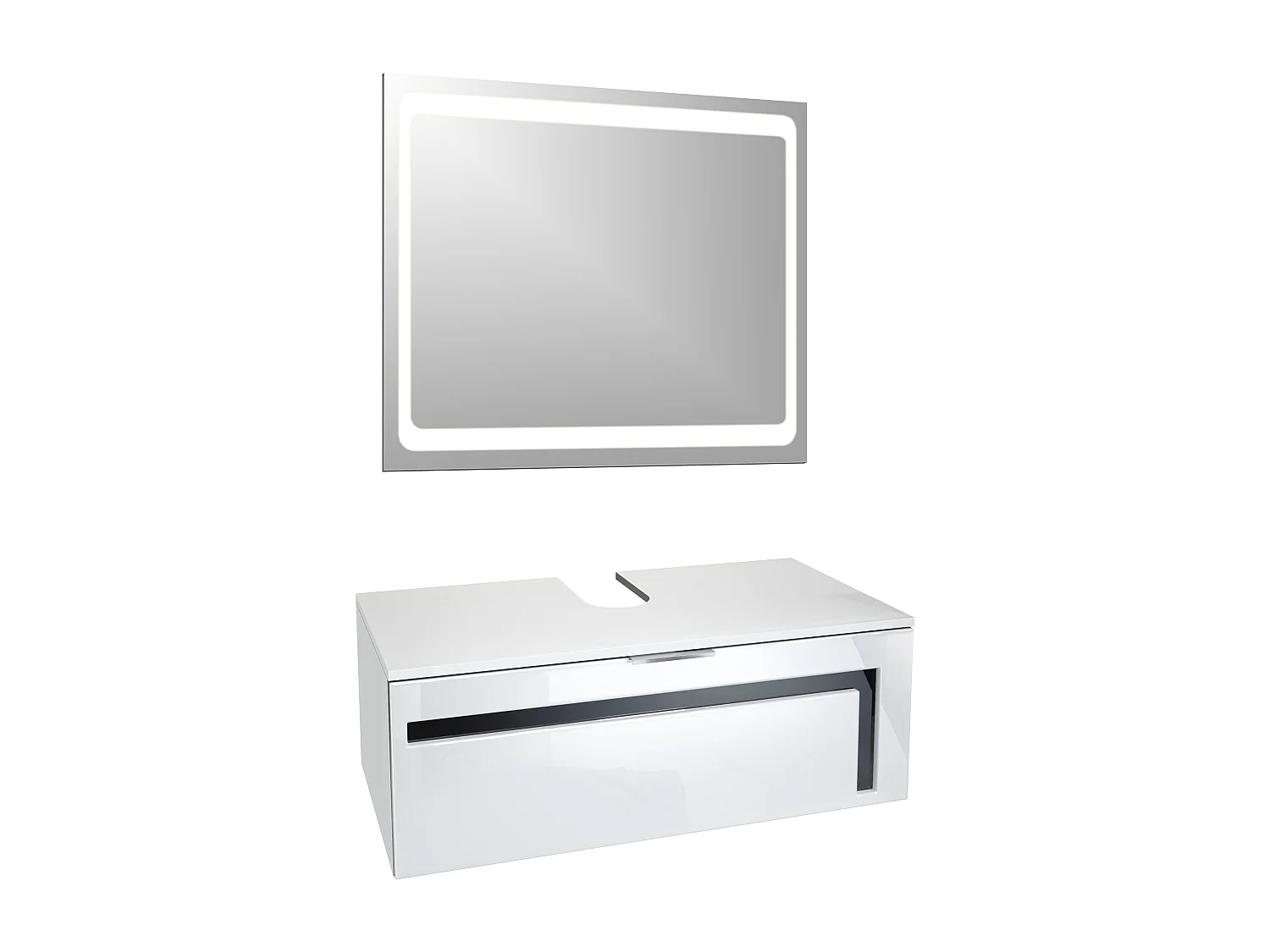 Meuble sous vasque Lavabo Aloha V2, Corps en Blanc mat / Façades en Blanc haute brillance avec un décor en Noir haute brillance, avec Vasque à poser et Miroir LED