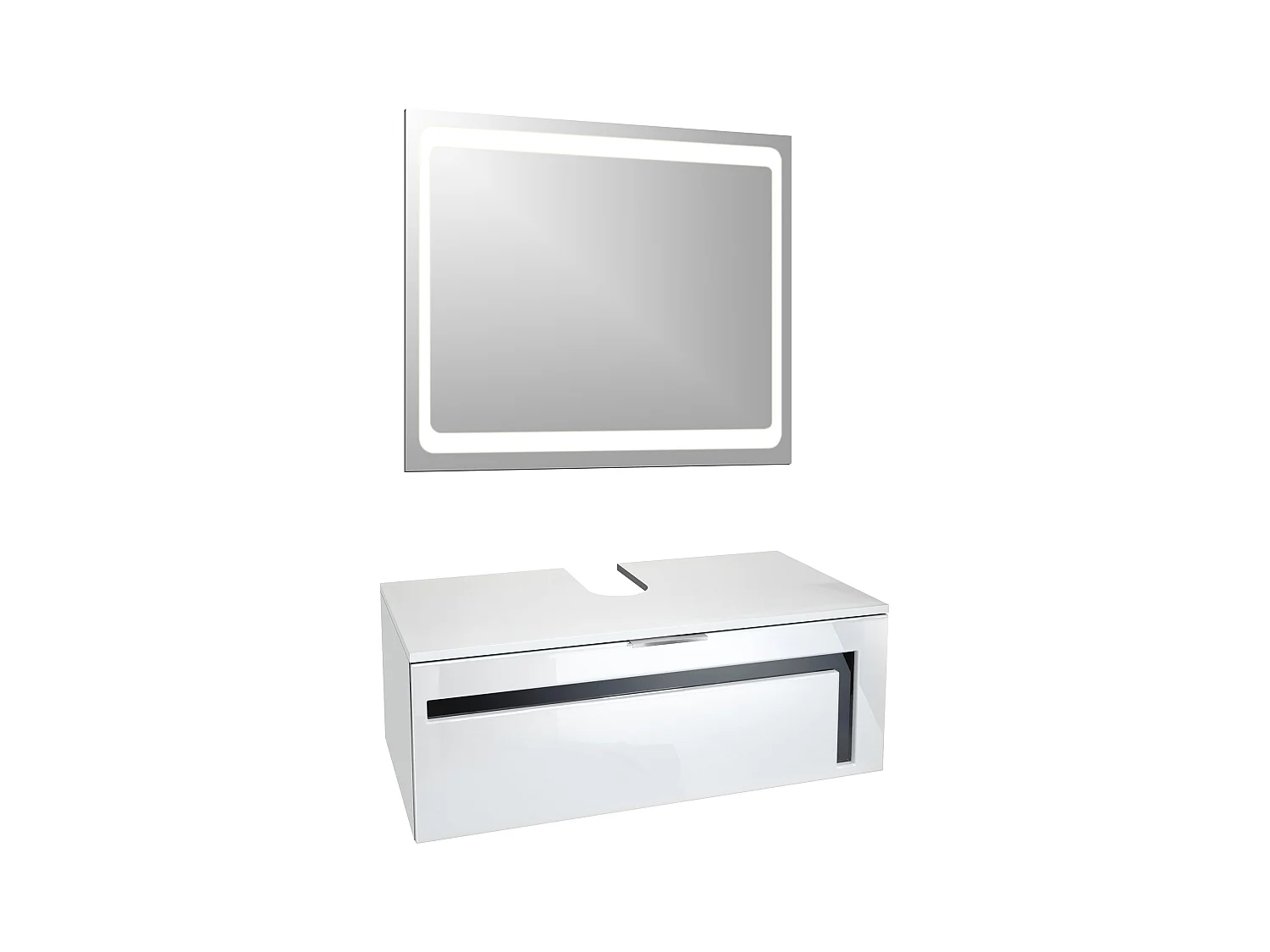 Meuble sous vasque Lavabo Aloha V2, Corps en Blanc mat / Façades en Blanc haute brillance avec un décor en Noir haute brillance, avec Vasque à poser et Miroir LED