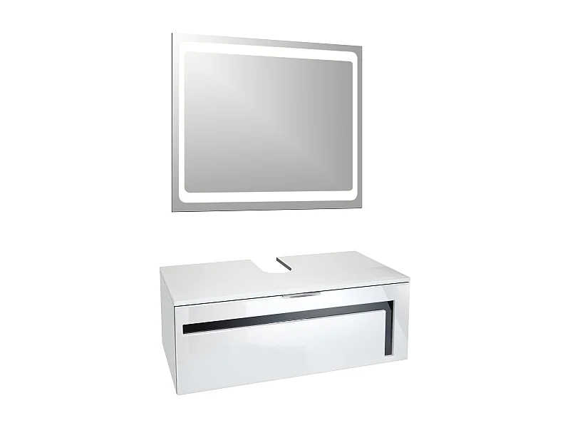 Meuble sous vasque Lavabo Aloha V2, Corps en Blanc mat / Façades en Blanc haute brillance avec un décor en Noir haute brillance, avec Vasque à poser et Miroir LED