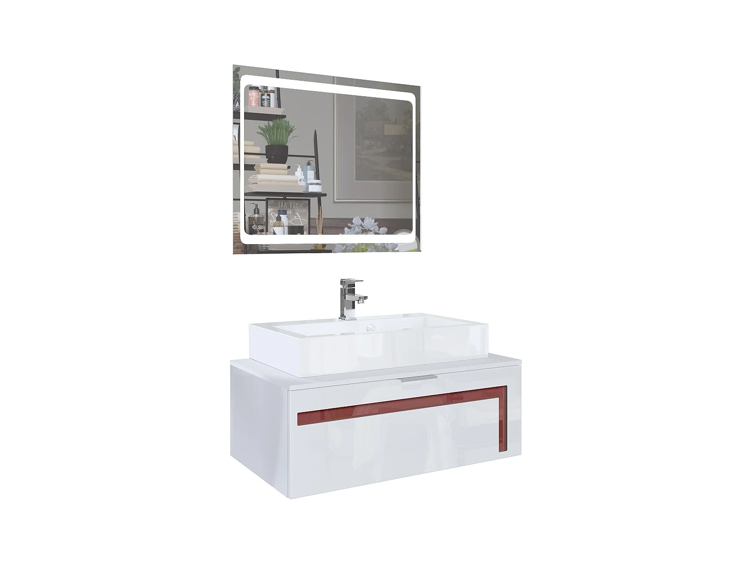 Meuble sous vasque Lavabo Aloha V2, Blanc mat / Façades en Blanc brillant avec un décor en Bordeaux brillant, avec Vasque à poser, Robinet (M1) et Miroir LED