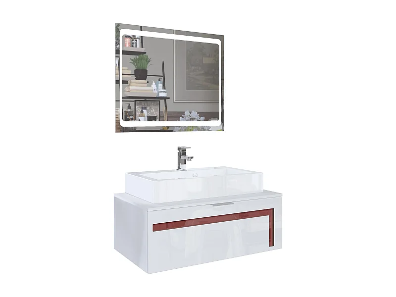 Meuble sous vasque Lavabo Aloha V2, Blanc mat / Façades en Blanc brillant avec un décor en Bordeaux brillant, avec Vasque à poser, Robinet (M1) et Miroir LED