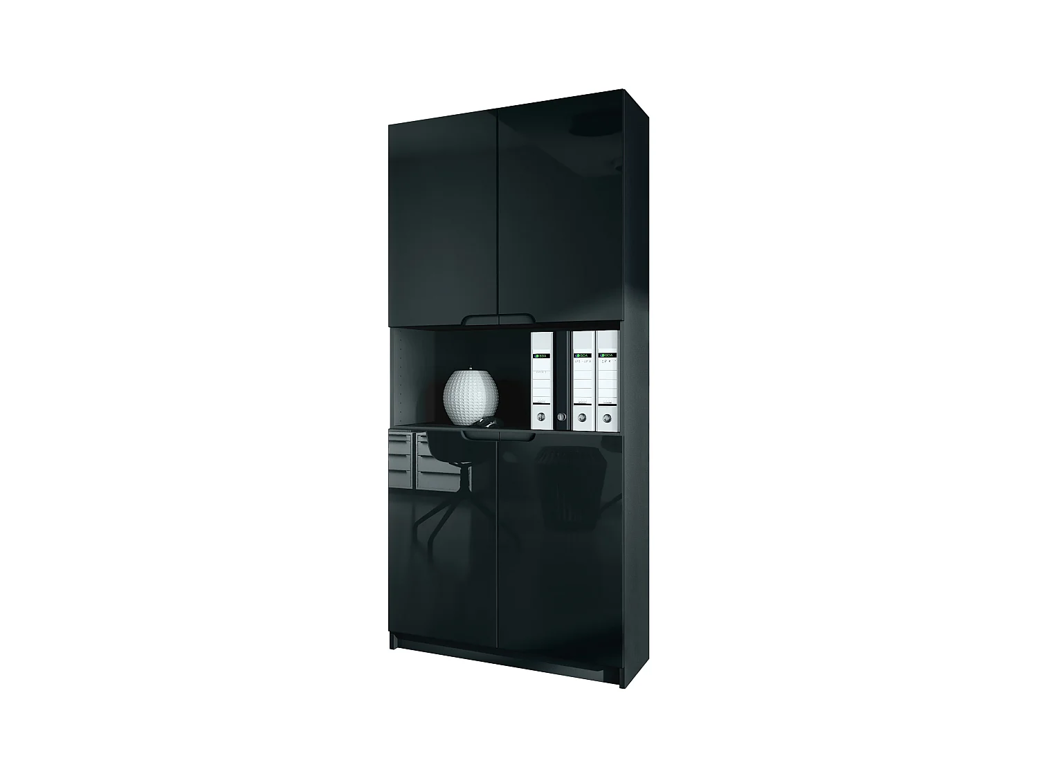 Étagère de bureau Logan V2, Armoire de rangement avec 5 compartiments et 4 portes, noir mat/noir haute brillance (82 x 184 x 37 cm)