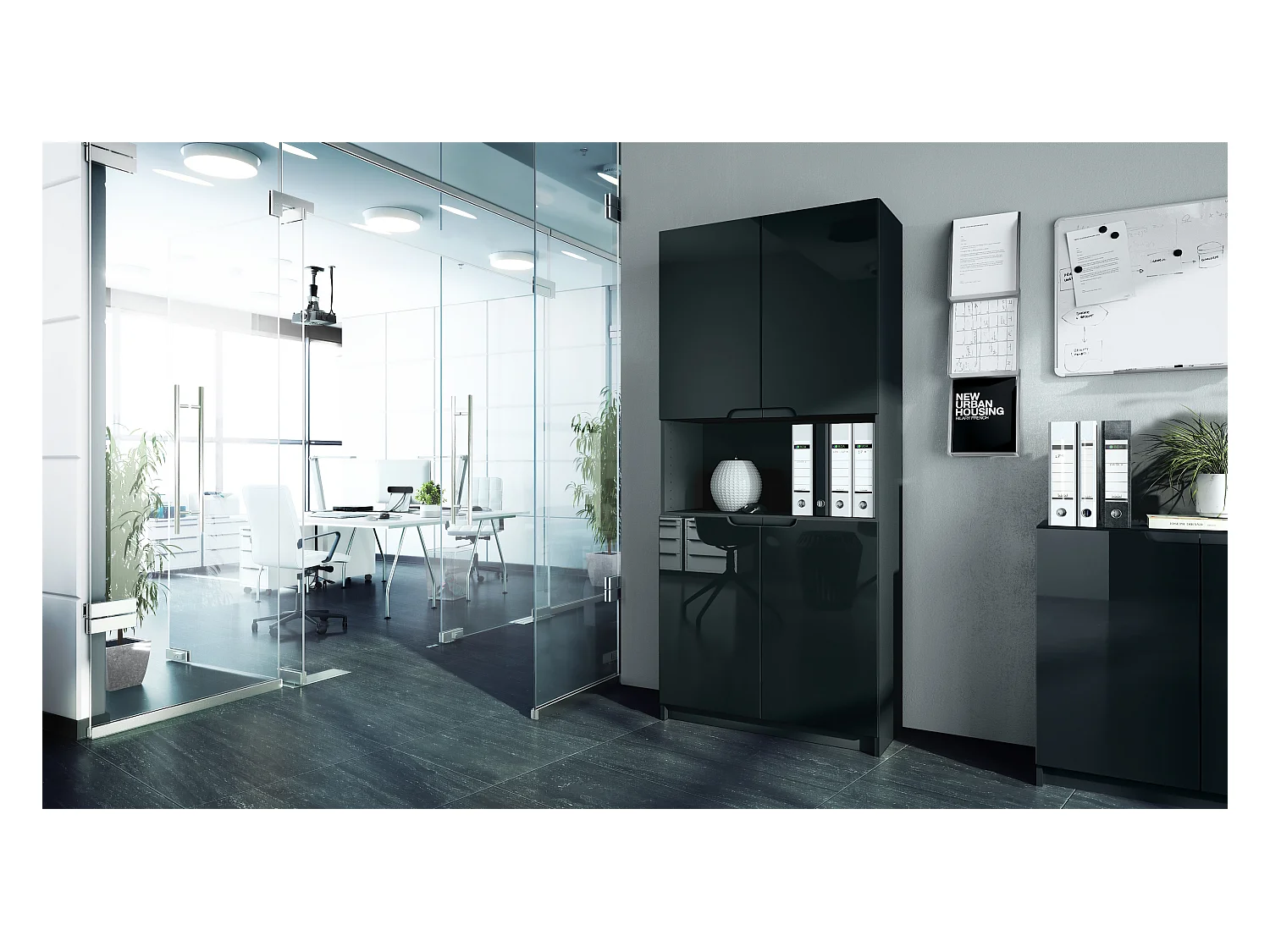 Étagère de bureau Logan V2, Armoire de rangement avec 5 compartiments et 4 portes, noir mat/noir haute brillance (82 x 184 x 37 cm)