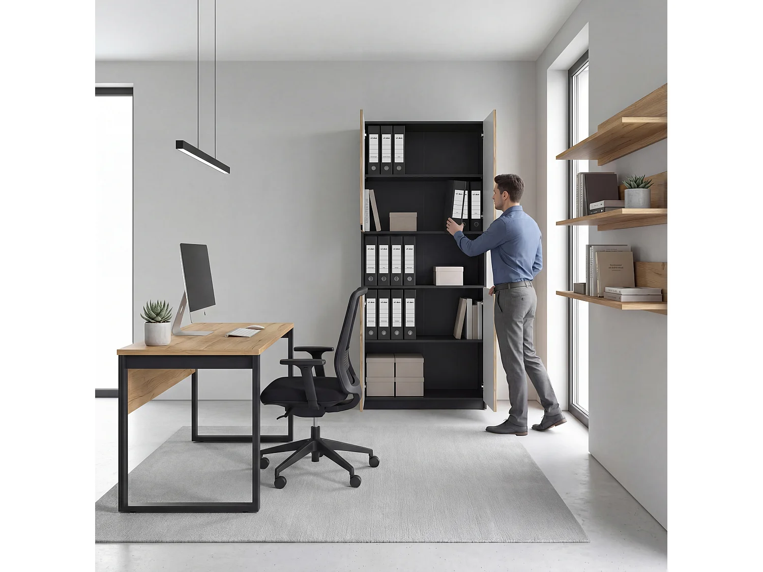 Étagère de bureau Logan V2, Armoire de rangement avec 5 compartiments et 4 portes, noir mat/noir haute brillance (82 x 184 x 37 cm)
