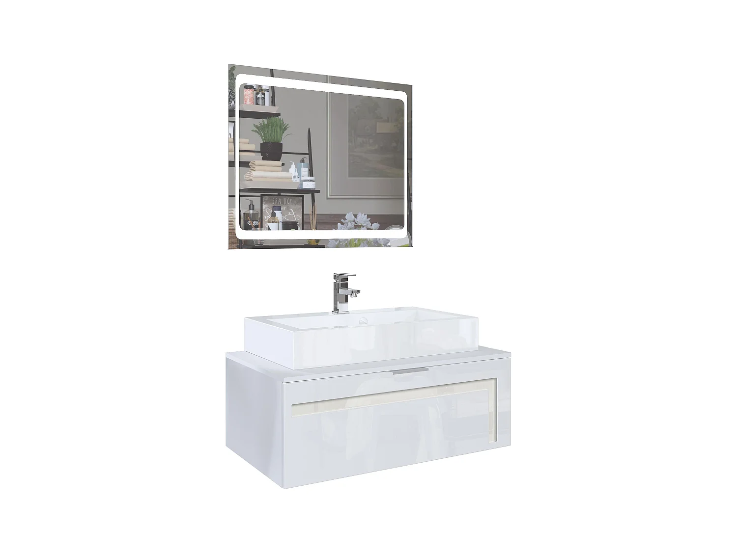 Meuble sous vasque Lavabo Aloha V2, Corps en Blanc mat / Façades en Blanc brillant avec un décor en Crème brillant, avec Vasque à poser, Robinet (M1) et Miroir LED