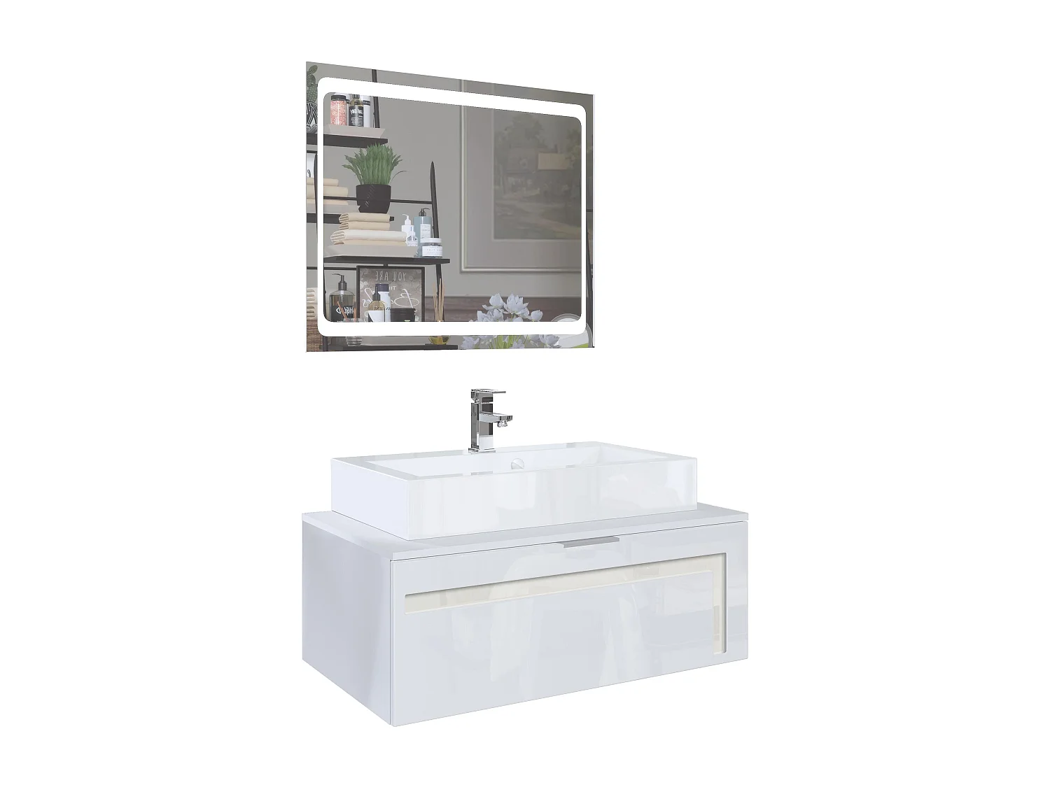 Mobile da bagno Aloha V2, struttura in bianco opaco / frontali in bianco lucido e sfalsati in beige lucido con lavabo da appoggio, rubinetto (M1) e specchio LED
