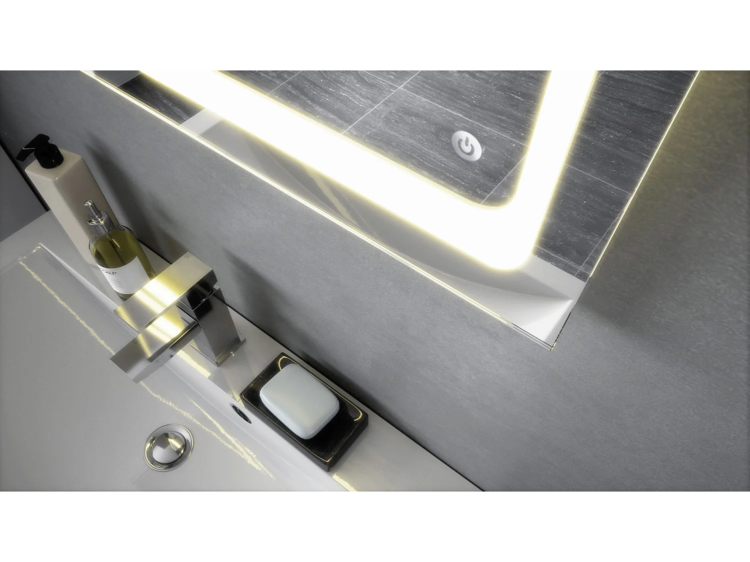 Mobile da bagno Aloha V2, struttura in bianco opaco / frontali in bianco lucido e sfalsati in beige lucido con lavabo da appoggio, rubinetto (M1) e specchio LED