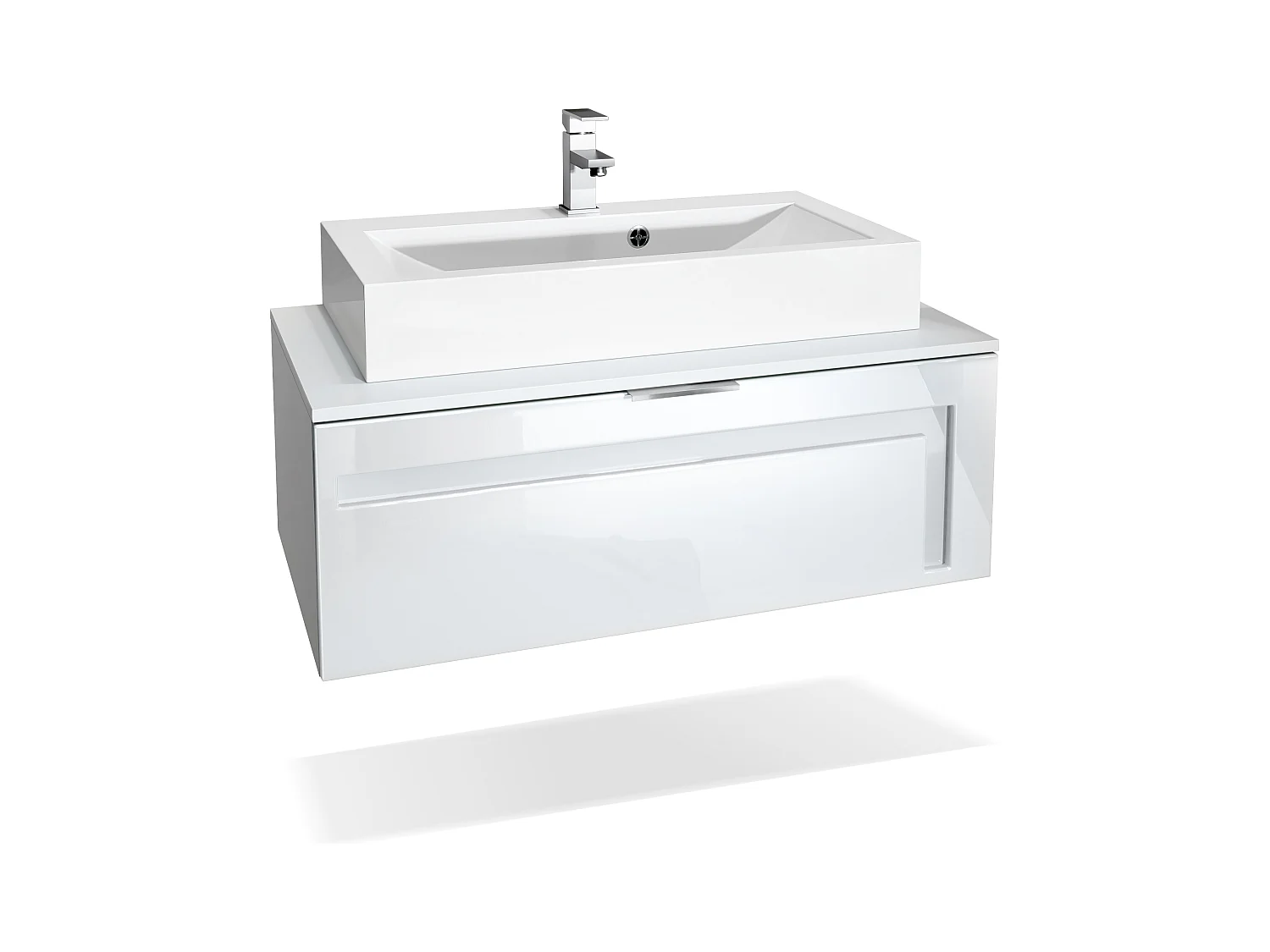 Meuble sous vasque Lavabo Aloha V2, Corps en Blanc mat / Façades en Blanc brillant avec un décor en Blanc brillant, avec Vasque à poser et Robinet (M1)