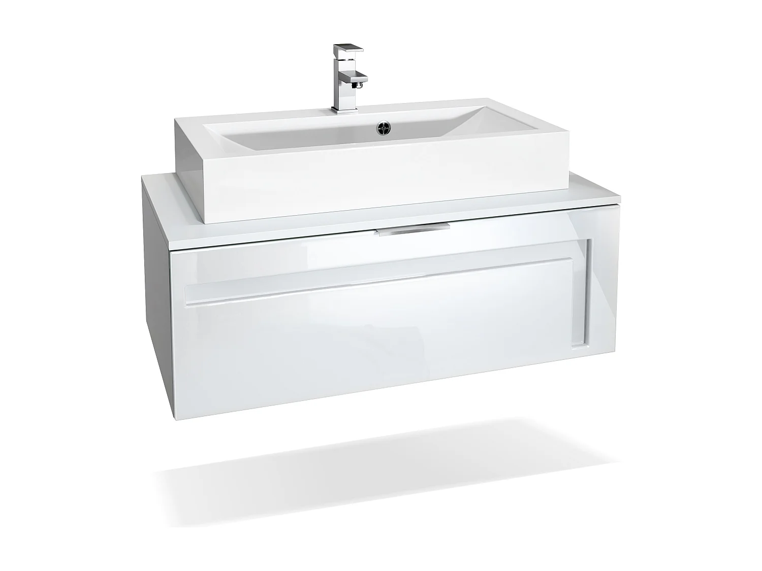 Mobile da bagno Aloha V2, struttura in bianco opaco / frontali in bianco lucido e sfalsati in bianco lucido con lavabo e rubinetto (M1)