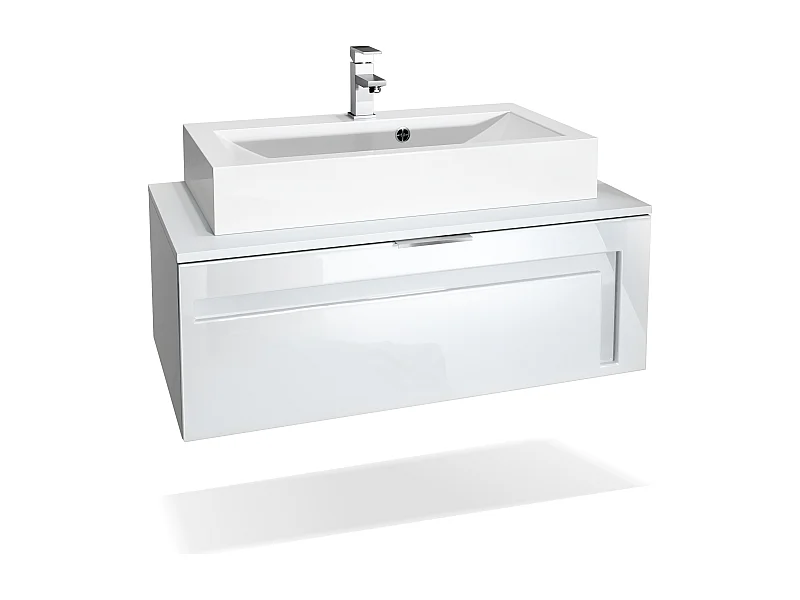Mobile da bagno Aloha V2, struttura in bianco opaco / frontali in bianco lucido e sfalsati in bianco lucido con lavabo e rubinetto (M1)