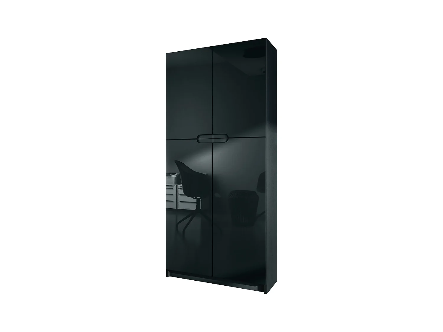 Meuble rangement bureau Logan V1, Armoire de bureau haute avec 5 compartiments et 4 portes, noir mat/noir haute brillance (82 x 185 x 37 cm)