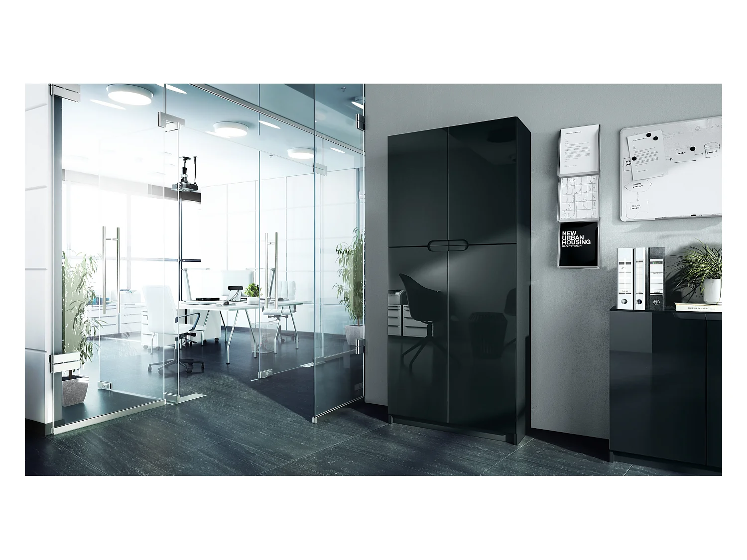 Meuble rangement bureau Logan V1, Armoire de bureau haute avec 5 compartiments et 4 portes, noir mat/noir haute brillance (82 x 185 x 37 cm)