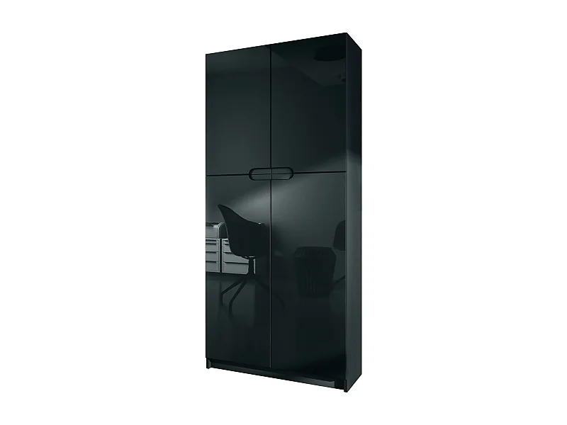 Meuble rangement bureau Logan V1, Armoire de bureau haute avec 5 compartiments et 4 portes, noir mat/noir haute brillance (82 x 185 x 37 cm)