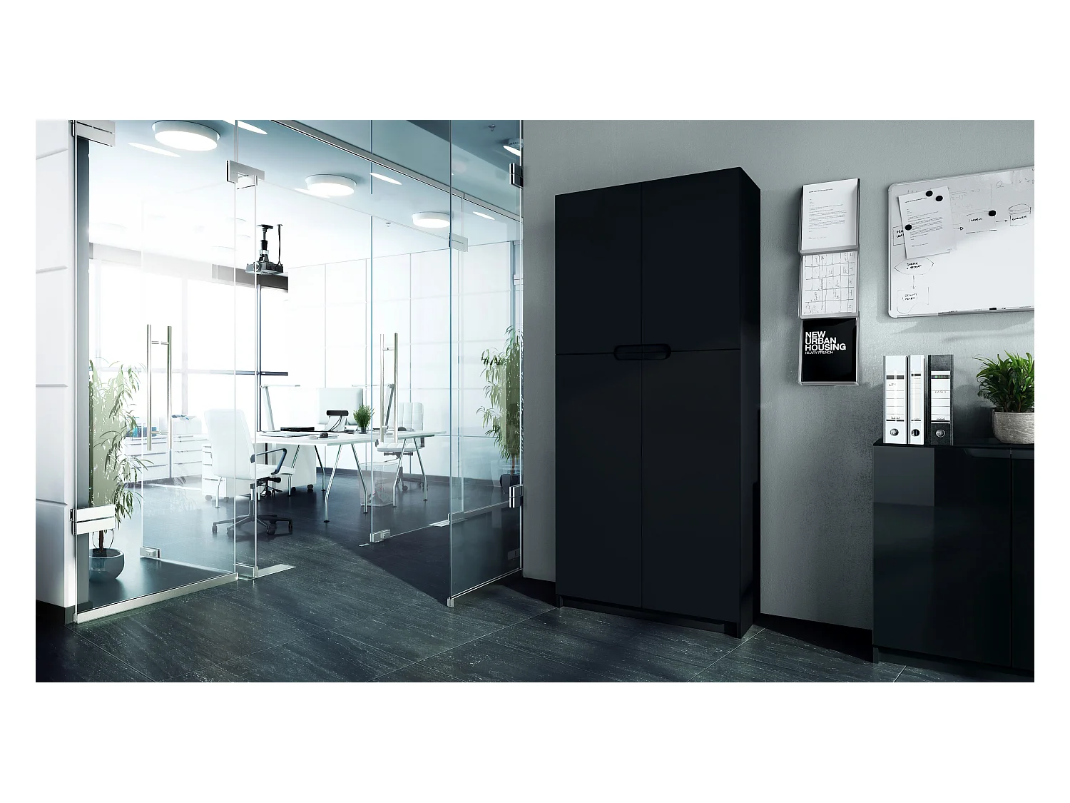 Meuble rangement bureau Logan V1, Armoire de bureau haute avec 5 compartiments et 4 portes, noir mat/noir mat (82 x 185 x 37 cm)