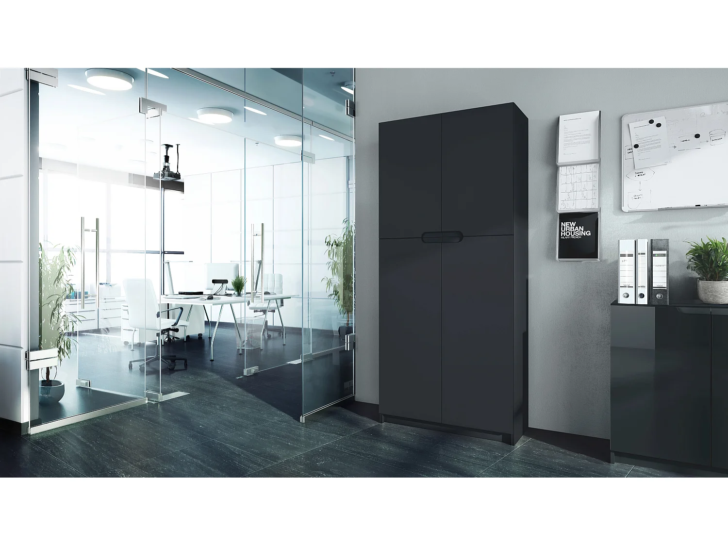 Logan V1, mobile per ufficio, schedario con 5 scomparti e 4 ante, nero opaco/nero opaco (82 x 185 x 37 cm)