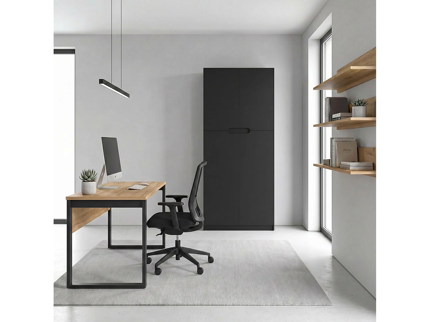 Armario Oficina Logan V1, Mueble Archivador con 5 Compartimentos y 4 Puertas, negro mate/negro mate (82 x 185 x 37 cm)