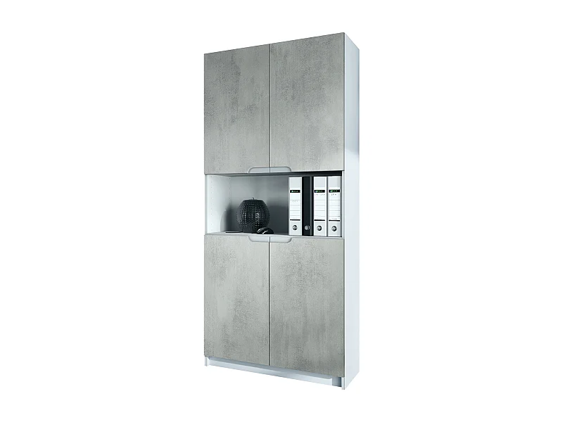Armario Oficina Logan V2, Mueble Archivador con 5 Compartimentos y 4 Puertas, blanco mate/hormigón oxidado (82 x 184 x 37 cm)