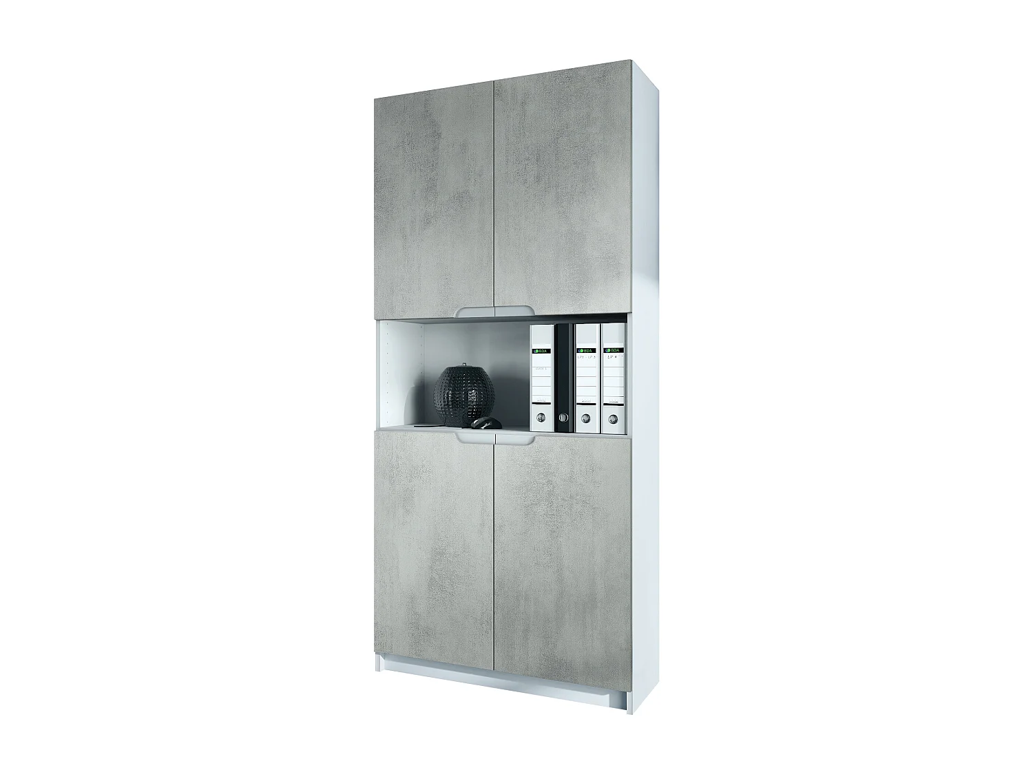 Étagère de bureau Logan V2, Armoire de rangement avec 5 compartiments et 4 portes, blanc mat/aspect béton oxyde (82 x 184 x 37 cm)