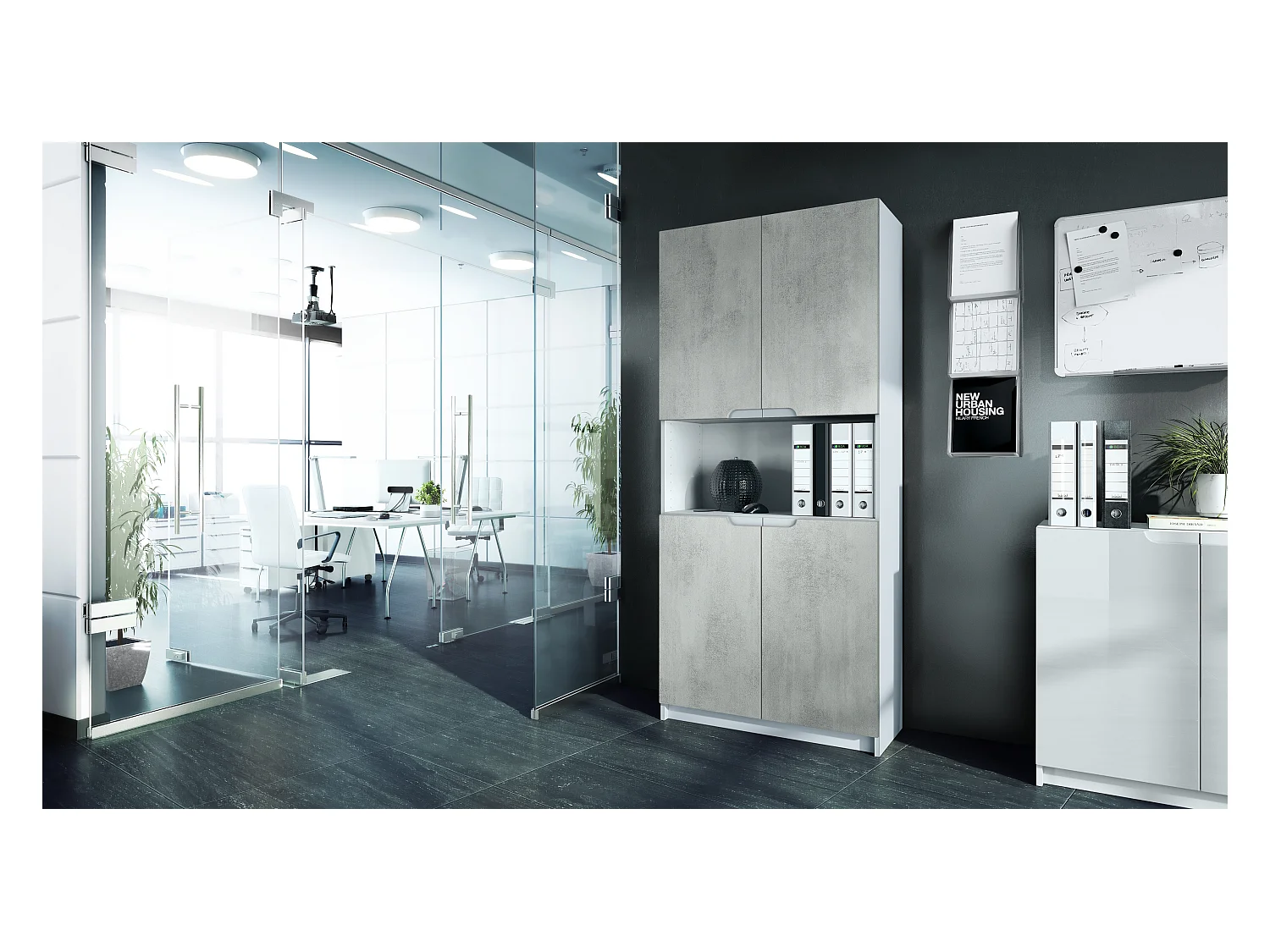 Étagère de bureau Logan V2, Armoire de rangement avec 5 compartiments et 4 portes, blanc mat/aspect béton oxyde (82 x 184 x 37 cm)