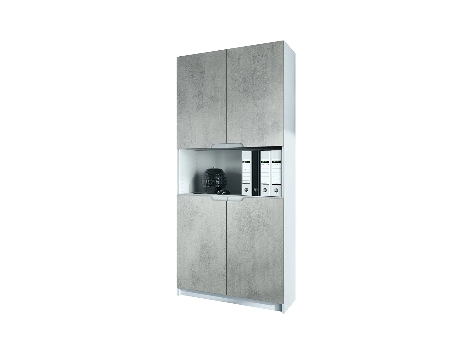 Étagère de bureau Logan V2, Armoire de rangement avec 5 compartiments et 4 portes, blanc mat/aspect béton oxyde (82 x 184 x 37 cm)