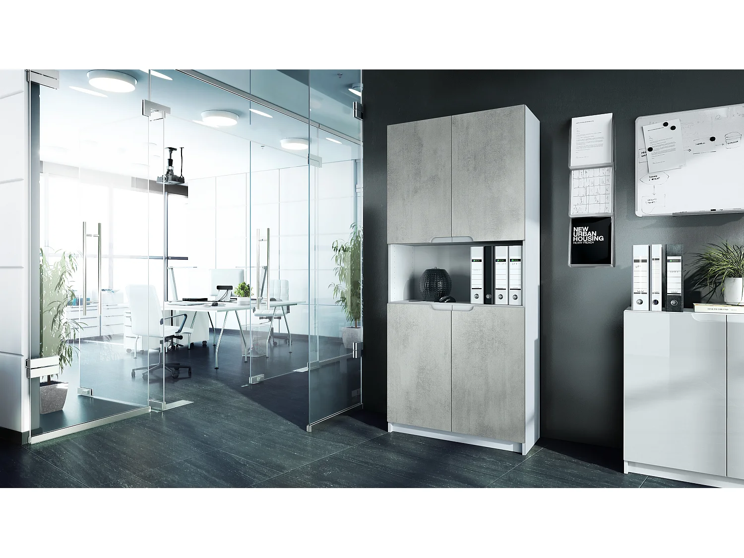 Étagère de bureau Logan V2, Armoire de rangement avec 5 compartiments et 4 portes, blanc mat/aspect béton oxyde (82 x 184 x 37 cm)