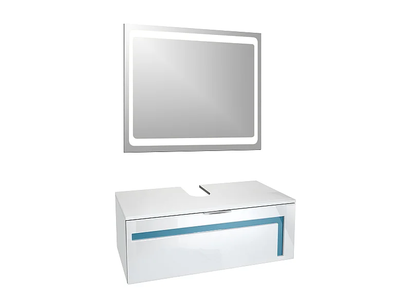 Meuble sous vasque Lavabo Aloha V2, Corps en Blanc mat / Façades en Blanc brillant avec un décor en Turquoise haute brillance, avec Vasque à poser et Miroir LED