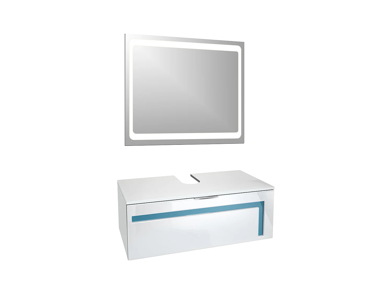 Meuble sous vasque Lavabo Aloha V2, Corps en Blanc mat / Façades en Blanc brillant avec un décor en Turquoise haute brillance, avec Vasque à poser et Miroir LED
