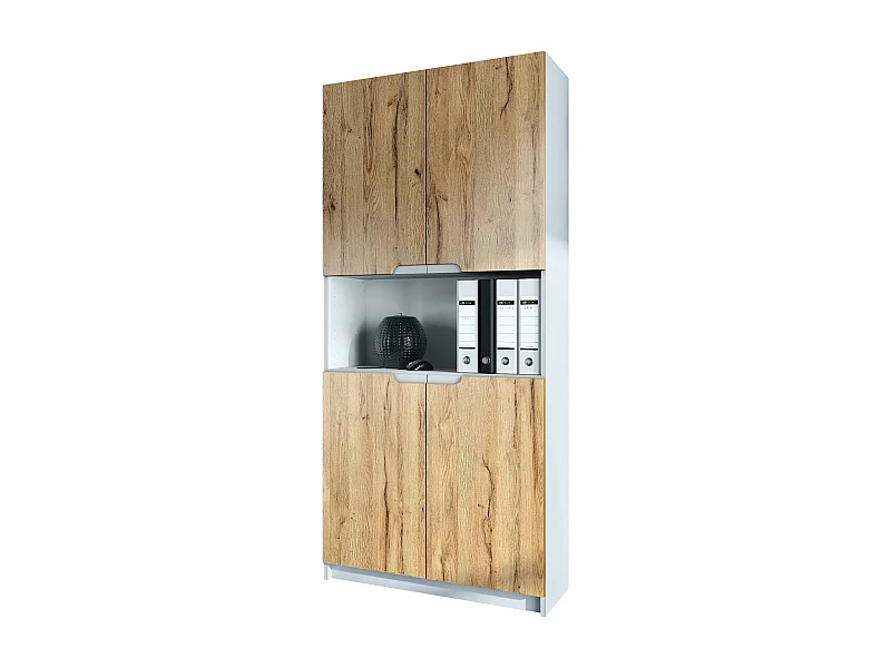 Étagère de bureau Logan V2, Armoire de rangement avec 5 compartiments et 4 portes, blanc mat/chêne nature (82 x 184 x 37 cm)