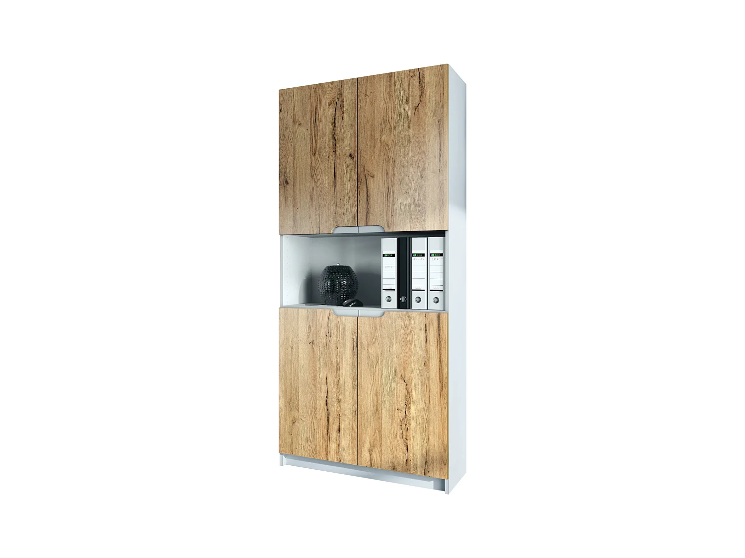 Étagère de bureau Logan V2, Armoire de rangement avec 5 compartiments et 4 portes, blanc mat/chêne nature (82 x 184 x 37 cm)